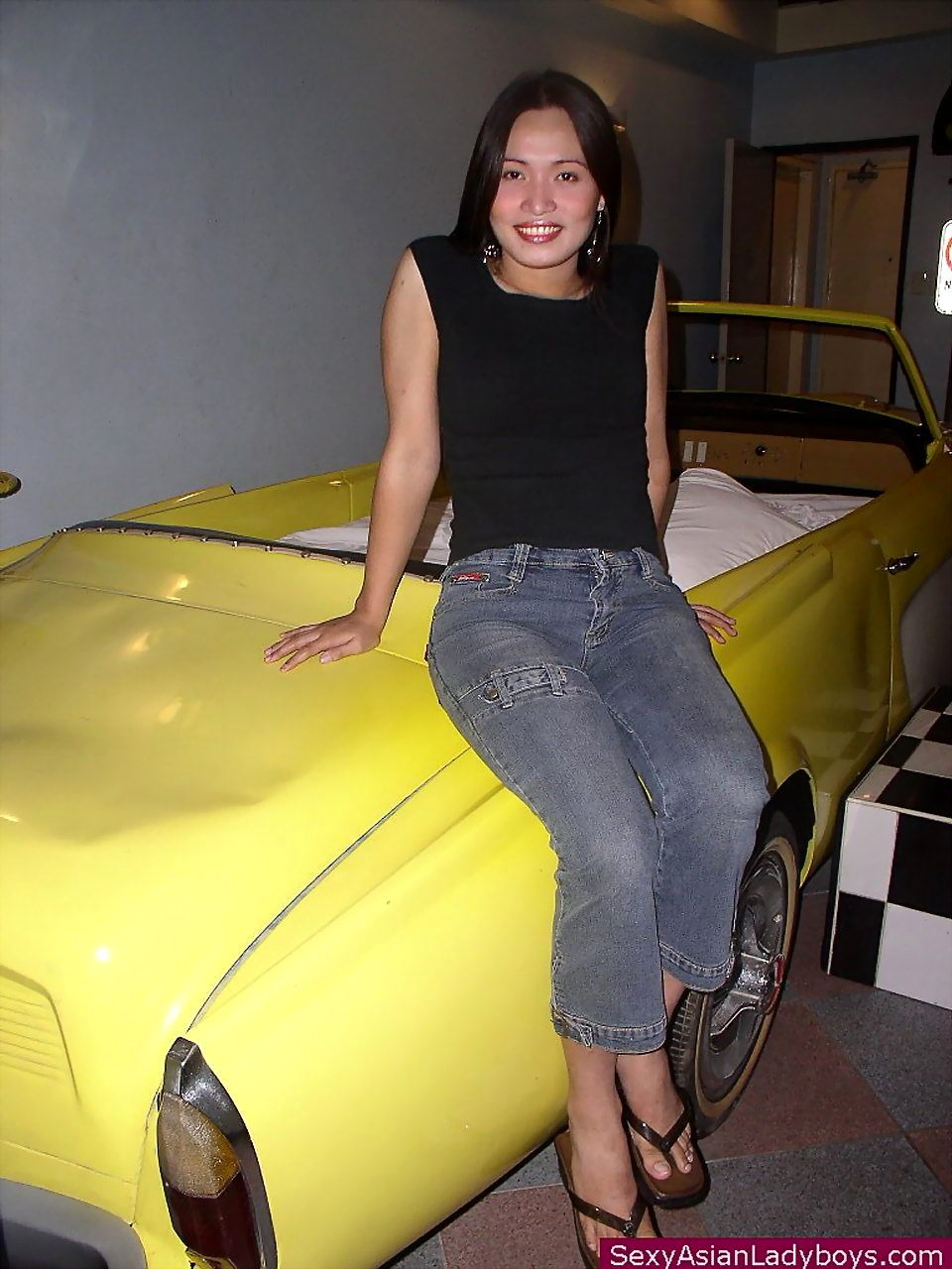 Slender Tgirl Ready For The Shag In The Car Shaped Bed Of A Love Hotel Room